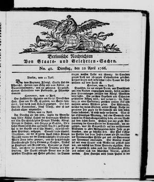 Berlinische Nachrichten von Staats- und gelehrten Sachen vom 22.04.1766