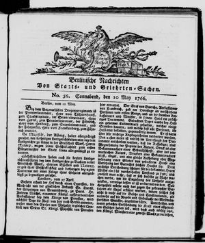 Berlinische Nachrichten von Staats- und gelehrten Sachen vom 10.05.1766