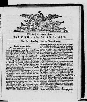 Berlinische Nachrichten von Staats- und gelehrten Sachen vom 10.06.1766