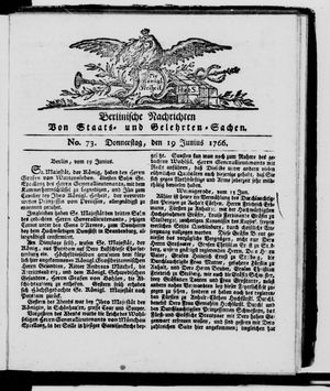 Berlinische Nachrichten von Staats- und gelehrten Sachen vom 19.06.1766