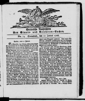 Berlinische Nachrichten von Staats- und gelehrten Sachen vom 21.06.1766