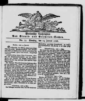 Berlinische Nachrichten von Staats- und gelehrten Sachen vom 24.06.1766
