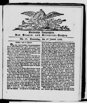 Berlinische Nachrichten von Staats- und gelehrten Sachen vom 26.06.1766