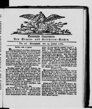 Berlinische Nachrichten von Staats- und gelehrten Sachen vom 19.07.1766