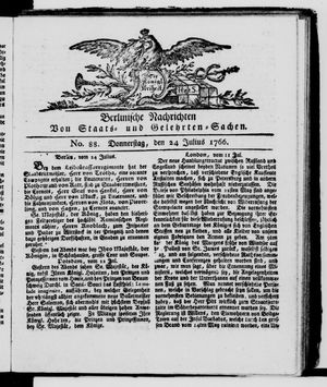 Berlinische Nachrichten von Staats- und gelehrten Sachen vom 24.07.1766