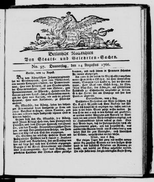 Berlinische Nachrichten von Staats- und gelehrten Sachen vom 14.08.1766
