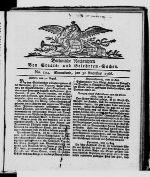 Berlinische Nachrichten von Staats- und gelehrten Sachen vom 30.08.1766