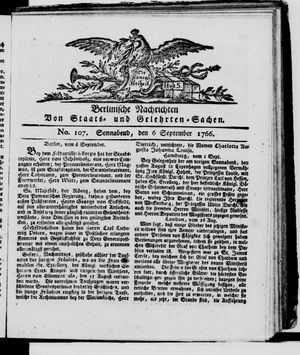 Berlinische Nachrichten von Staats- und gelehrten Sachen vom 06.09.1766