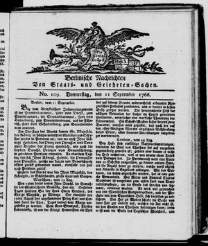 Berlinische Nachrichten von Staats- und gelehrten Sachen vom 11.09.1766