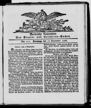 Berlinische Nachrichten von Staats- und gelehrten Sachen vom 16.09.1766