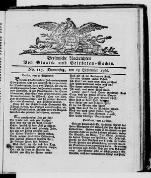 Berlinische Nachrichten von Staats- und gelehrten Sachen vom 25.09.1766