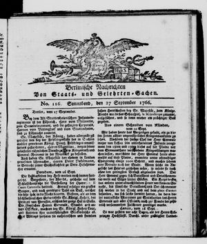 Berlinische Nachrichten von Staats- und gelehrten Sachen vom 27.09.1766