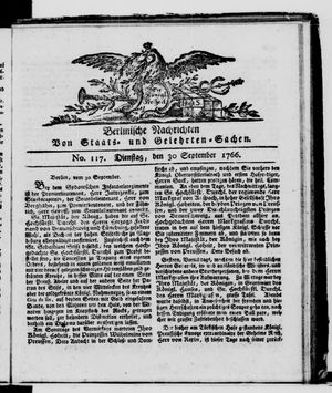 Berlinische Nachrichten von Staats- und gelehrten Sachen vom 30.09.1766