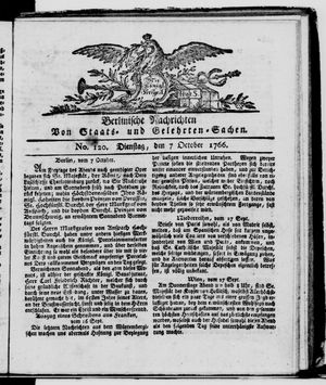 Berlinische Nachrichten von Staats- und gelehrten Sachen vom 07.10.1766