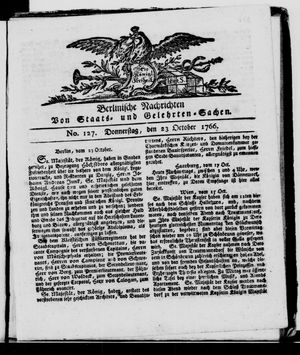 Berlinische Nachrichten von Staats- und gelehrten Sachen vom 23.10.1766