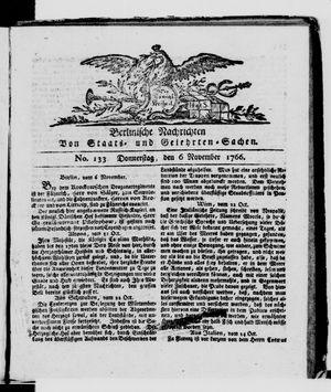 Berlinische Nachrichten von Staats- und gelehrten Sachen on Nov 6, 1766