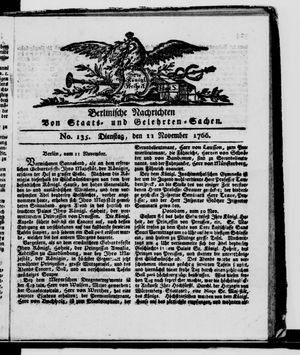 Berlinische Nachrichten von Staats- und gelehrten Sachen vom 11.11.1766