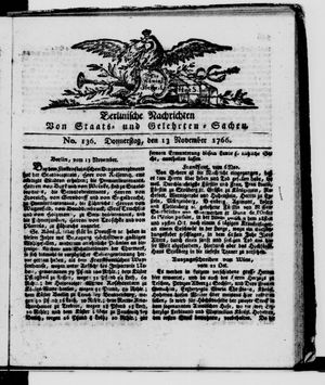 Berlinische Nachrichten von Staats- und gelehrten Sachen on Nov 13, 1766