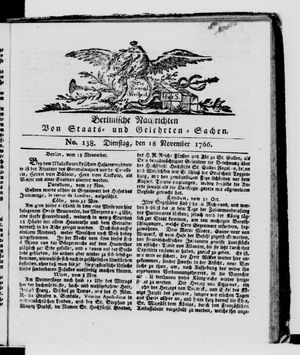 Berlinische Nachrichten von Staats- und gelehrten Sachen vom 18.11.1766