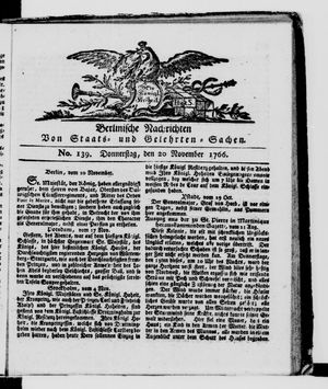 Berlinische Nachrichten von Staats- und gelehrten Sachen vom 20.11.1766