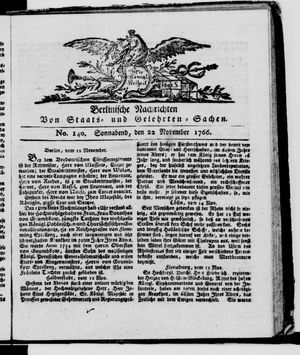 Berlinische Nachrichten von Staats- und gelehrten Sachen vom 22.11.1766