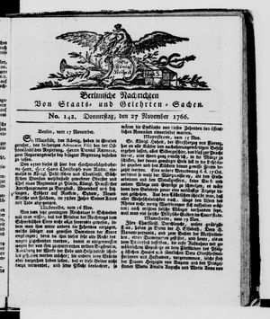 Berlinische Nachrichten von Staats- und gelehrten Sachen vom 27.11.1766