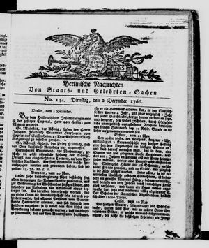 Berlinische Nachrichten von Staats- und gelehrten Sachen on Dec 2, 1766