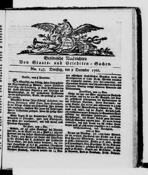 Berlinische Nachrichten von Staats- und gelehrten Sachen on Dec 9, 1766