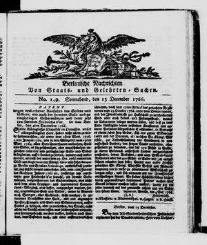 Berlinische Nachrichten von Staats- und gelehrten Sachen on Dec 13, 1766