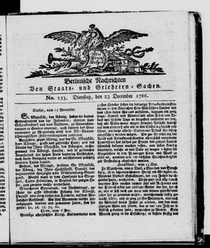 Berlinische Nachrichten von Staats- und gelehrten Sachen vom 23.12.1766
