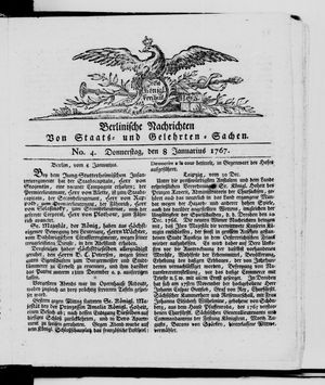 Berlinische Nachrichten von Staats- und gelehrten Sachen vom 08.01.1767