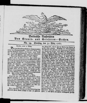 Berlinische Nachrichten von Staats- und gelehrten Sachen vom 31.03.1767