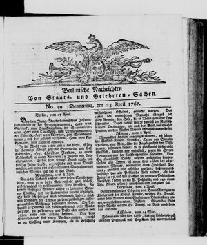 Berlinische Nachrichten von Staats- und gelehrten Sachen vom 23.04.1767