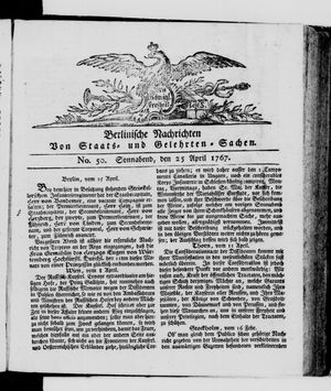 Berlinische Nachrichten von Staats- und gelehrten Sachen vom 25.04.1767