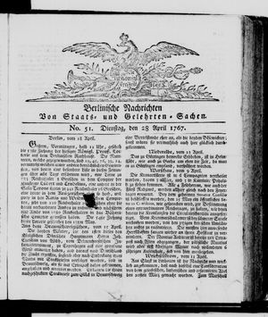 Berlinische Nachrichten von Staats- und gelehrten Sachen vom 28.04.1767