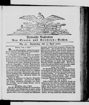 Berlinische Nachrichten von Staats- und gelehrten Sachen vom 30.04.1767