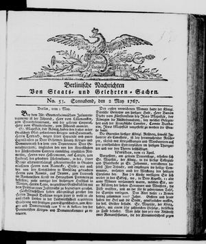 Berlinische Nachrichten von Staats- und gelehrten Sachen vom 02.05.1767