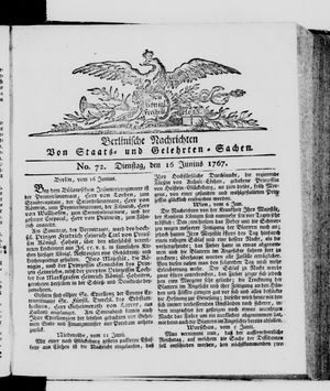 Berlinische Nachrichten von Staats- und gelehrten Sachen vom 16.06.1767