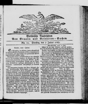 Berlinische Nachrichten von Staats- und gelehrten Sachen vom 07.07.1767