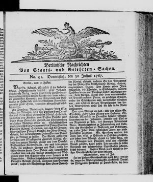 Berlinische Nachrichten von Staats- und gelehrten Sachen vom 30.07.1767
