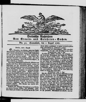Berlinische Nachrichten von Staats- und gelehrten Sachen vom 01.08.1767