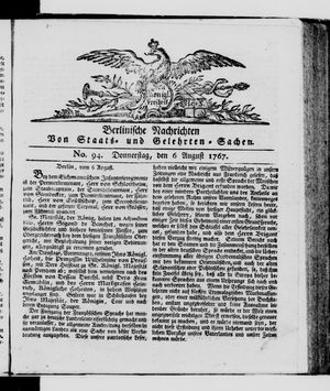 Berlinische Nachrichten von Staats- und gelehrten Sachen vom 06.08.1767