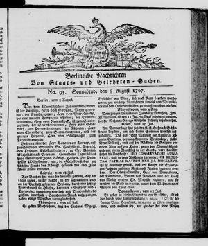 Berlinische Nachrichten von Staats- und gelehrten Sachen vom 08.08.1767