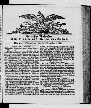 Berlinische Nachrichten von Staats- und gelehrten Sachen vom 12.09.1767