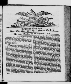 Berlinische Nachrichten von Staats- und gelehrten Sachen vom 22.09.1767