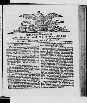 Berlinische Nachrichten von Staats- und gelehrten Sachen vom 01.10.1767