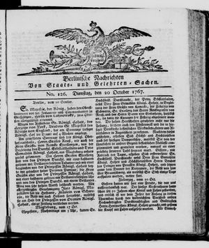 Berlinische Nachrichten von Staats- und gelehrten Sachen vom 20.10.1767