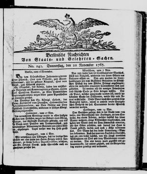 Berlinische Nachrichten von Staats- und gelehrten Sachen vom 26.11.1767