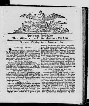 Berlinische Nachrichten von Staats- und gelehrten Sachen vom 01.12.1767