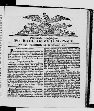 Berlinische Nachrichten von Staats- und gelehrten Sachen vom 12.12.1767